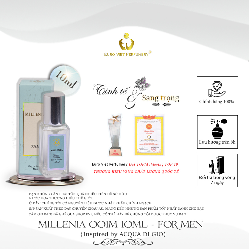Nước Hoa Nam Cao Cấp MILLENIA 001M Nam Tính, Tinh Tế, Tươi Mát Lưu Hương 7 - 12 Tiếng 10ml