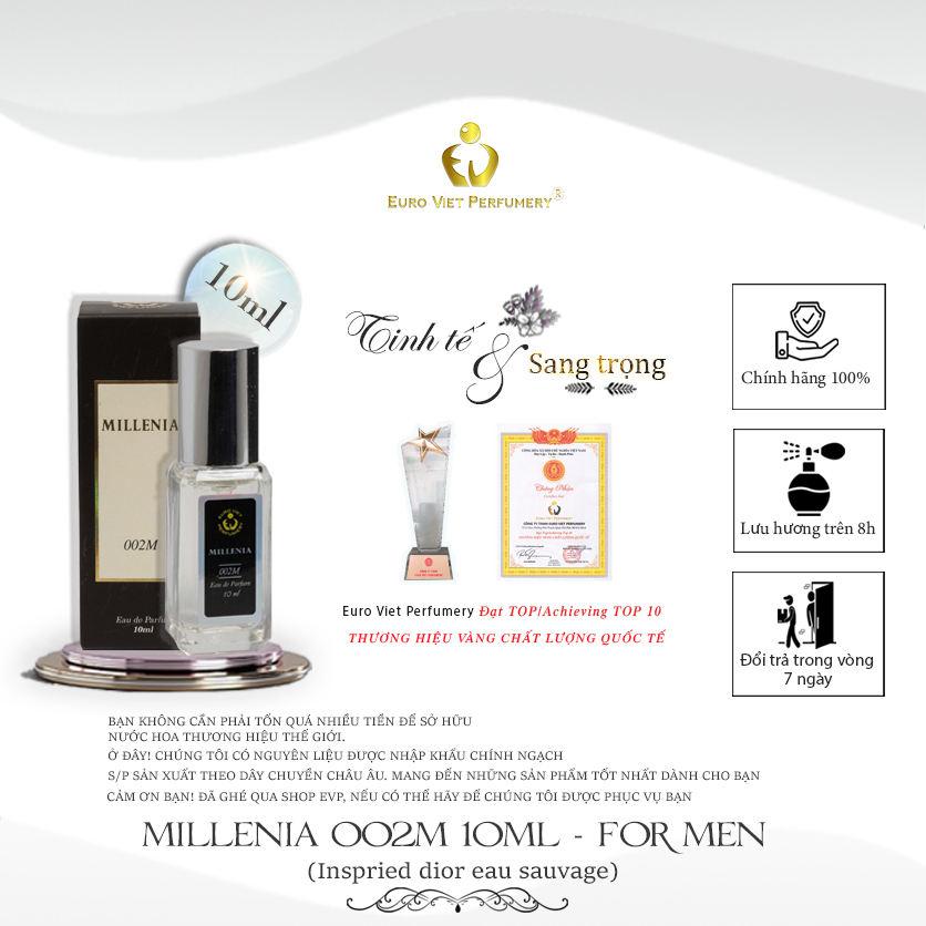 Nước Hoa Nam MILLENIA 002M Nam Tính, Mạnh Mẽ, Cuốn Hút Eau De Parfum Lưu Hương 7 - 12 Tiếng 10ml