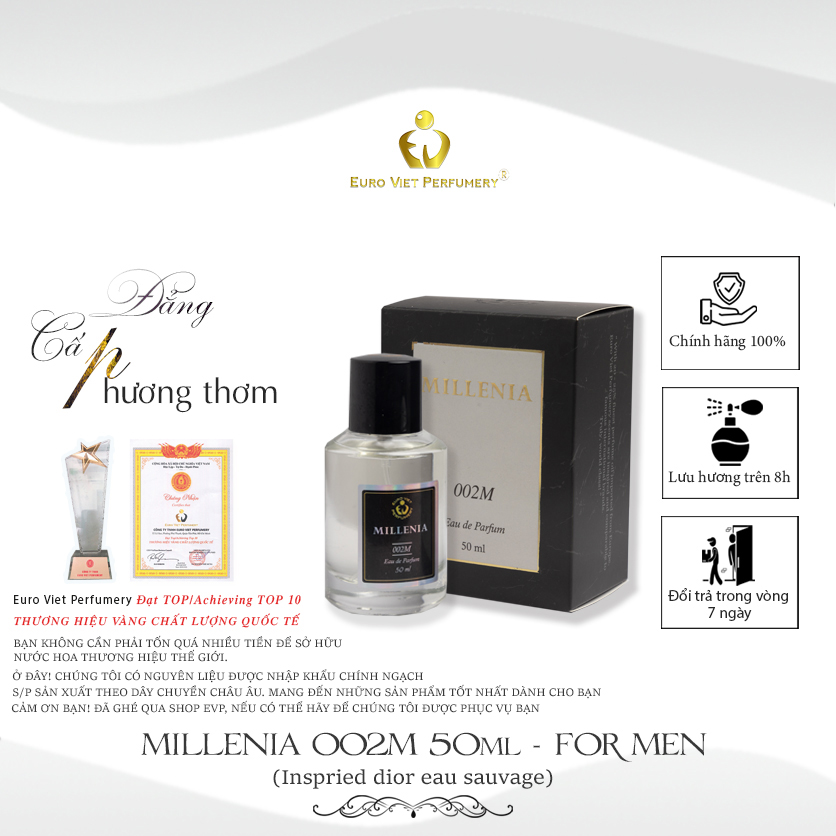 Nước Hoa Nam MILLENIA 002M Nam Tính, Mạnh Mẽ, Cuốn Hút Eau De Parfum Lưu Hương 7-12 Tiếng 50ml