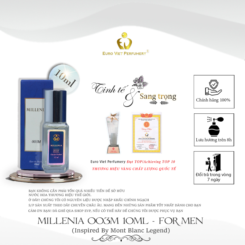 Nước Hoa Nam MILLENIA 003M Nam Tính, Mạnh Mẽ, Quyến Rũ Eau De Parfum Lưu Hương 6 - 8 tiếng 10ml