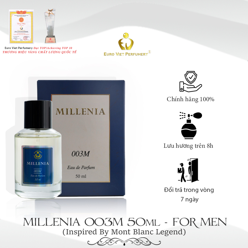 Nước Hoa Nam MILLENIA 003M Nam Tính, Mạnh Mẽ, Quyến Rũ Eau De Parfum Lưu Hương 6 - 8 tiếng 50ml