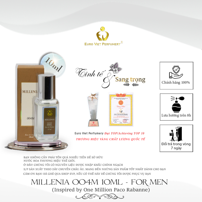 Nước Hoa Nam MILLENIA 004M Nam Tính, Lịch Lãm, Quyến Rũ Lưu Hương 7- 12 Tiếng 10ml