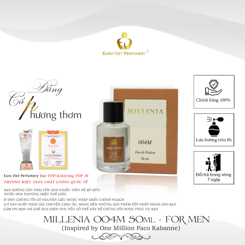 Nước Hoa Nam MILLENIA 004M Nam Tính, Lịch Lãm, Quyến Rũ Lưu Hương 7-12 Tiếng 50ml