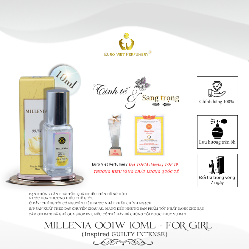 Nước Hoa Nữ Cao Cấp MILLENIA 001W Quyến Rũ, Ngọt Ngào, Nóng Bỏng Eau De Parfum Lưu Hương 7-12 Tiếng 10ml