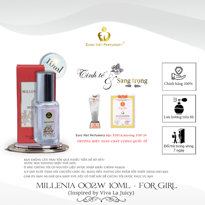 Nước Hoa Nữ Cao Cấp MILLENIA 002W Nữ Tính, Ngọt Ngào, Trẻ Trung Eau De Parfum Lưu Hương 7-12 tiếng 10ml