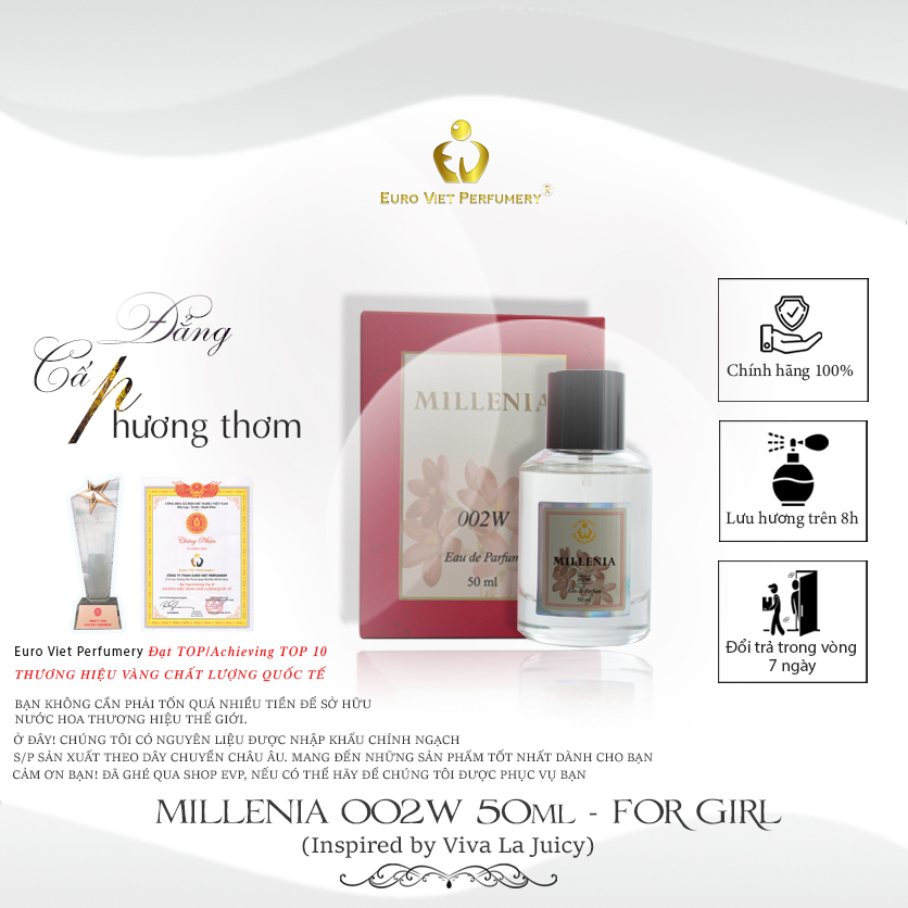 Nước Hoa Nữ Cao Cấp MILLENIA 002W Nữ Tính, Ngọt Ngào, Trẻ Trung Eau De Parfum Lưu Hương 7-12 tiếng 50ml
