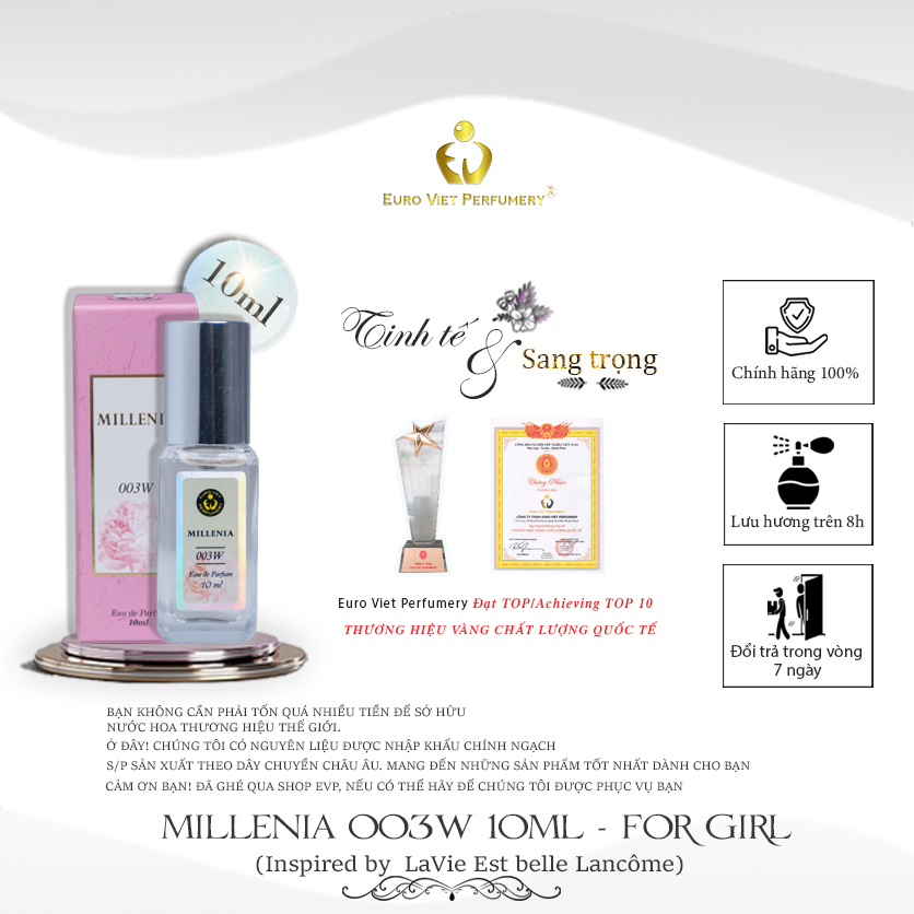Nước Hoa Nữ Cao Cấp MILLENIA 003W Quý Phái, Sang Trọng, Ngọt Ngào Eau De Parfum Lưu Hương 7-12 tiếng 10ml
