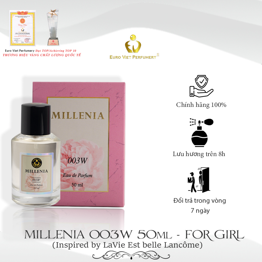 Nước Hoa Nữ Cao Cấp MILLENIA 003W Quý Phái, Sang Trọng, Ngọt Ngào Eau De Parfum Lưu Hương 7-12 tiếng 50ml