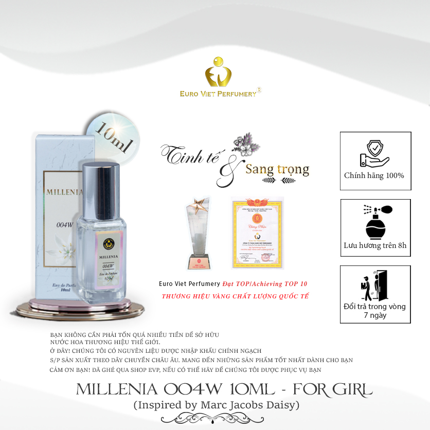 Nước Hoa Nữ Cao Cấp MILLENIA 004W Tươi Mát, Nhẹ nhàng, Trẻ trung Eau De Parfum Lưu Hương 6 - 8 tiếng 10ml