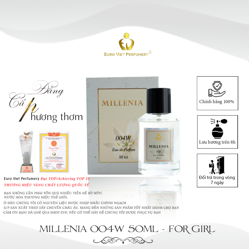 Nước Hoa Nữ Cao Cấp MILLENIA 004W Tươi Mát, Nhẹ nhàng, Trẻ trung Eau De Parfum Lưu Hương 6 - 8 tiếng 50ml