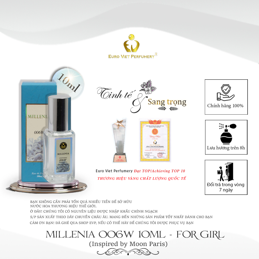 Nước Hoa Nữ Cao Cấp MILLENIA 006W Quyến Rũ, Ngọt Ngào, Nóng Bỏng Lưu Hương 7- 12 Tiếng 10ml