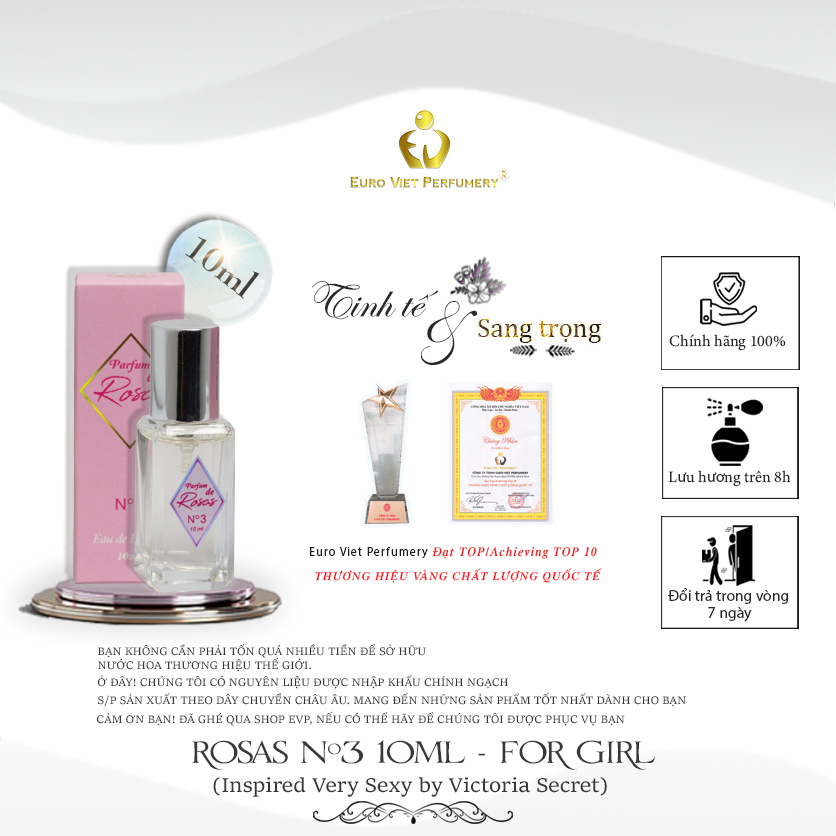 Nước Hoa Nữ Cao Cấp ROSAS No.3 Quyến Rũ, Ngọt Ngào, Nóng Bỏng Lưu Hương 7- 12 Tiếng 10ml