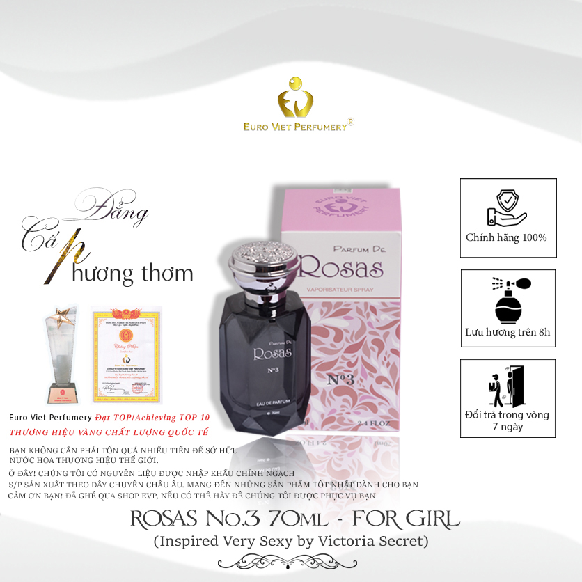 Nước Hoa Nữ Cao Cấp ROSAS No.3 Quyến Rũ, Ngọt Ngào, Nóng Bỏng Lưu Hương 7- 12 Tiếng 70ml