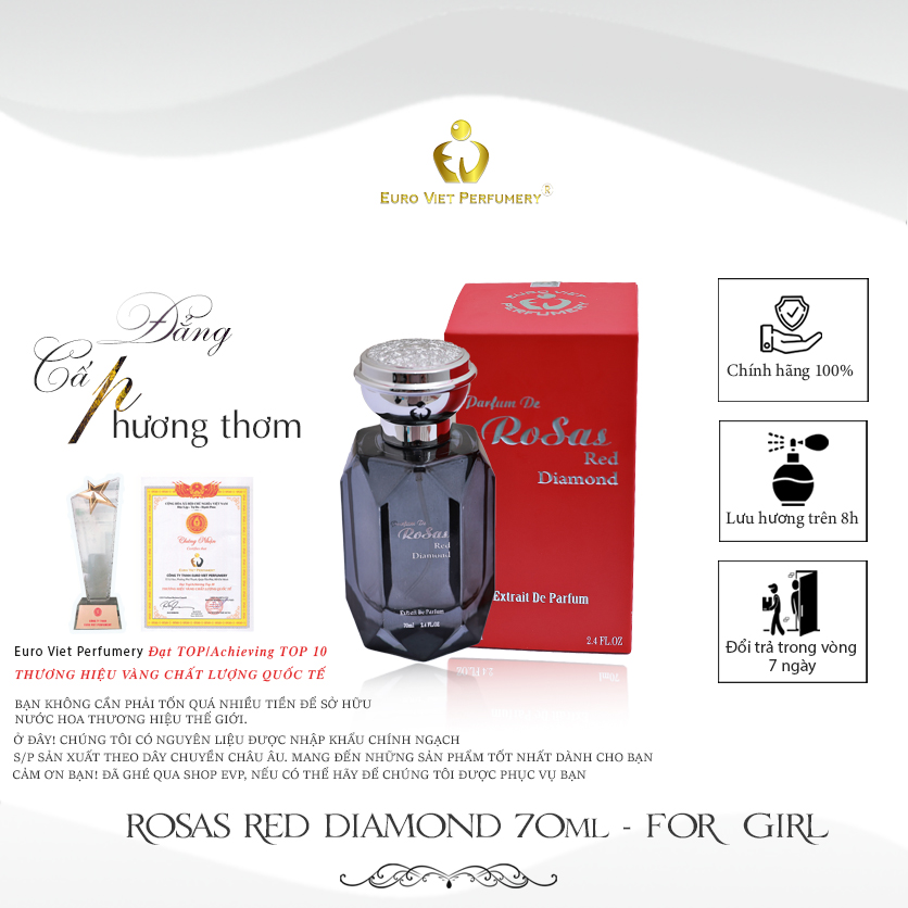 Nước Hoa Nữ Cao Cấp Rosas Red Diamond Nhẹ Nhàng, Sang Trọng, Thu Hút, Lưu Hương 7- 12 tiếng 10ml 70ml