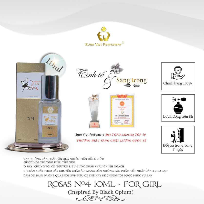 Nước Hoa Nữ EU Rosas N0.4 Ngọt Ngào, Quyến Rũ, Nổi Bật Lưu Hương 7- 12 Tiếng 10ml