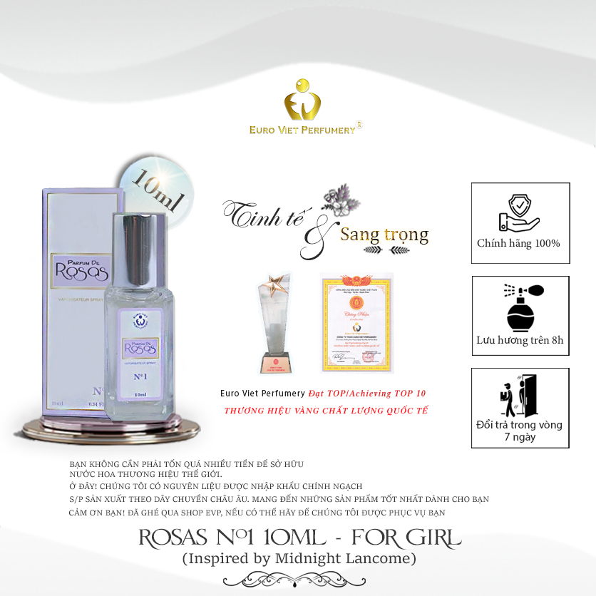Nước Hoa Nữ ROSAS N.1 Quyến Rũ, Ngọt Ngào, Nóng Bỏng Lưu Hương 7-12 Tiếng 10ml
