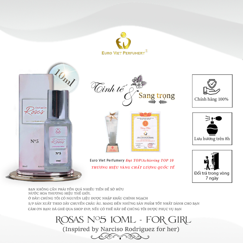 Nước Hoa Nữ Rosas No.5 Nữ Tính Tươi Mới, Gợi Cảm Lưu Hương 7 -12 Tiếng 10ml