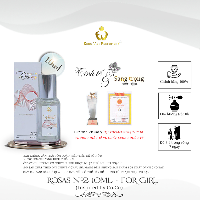 Nước hoa ROSAS No.2 Thanh Lịch, Sang Trọng, Gợi Cảm Lưu Hương 7- 12 Tiếng 10ml