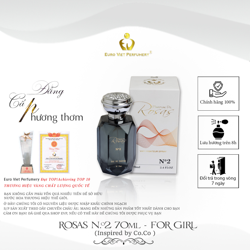 Nước hoa ROSAS No.2 Thanh Lịch, Sang Trọng, Gợi Cảm Lưu Hương 7-12 Tiếng 70ml